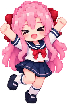 Nixi cheering with both arms up: pink hair, red ribbons, a white sailor blouse and a navy skirt.